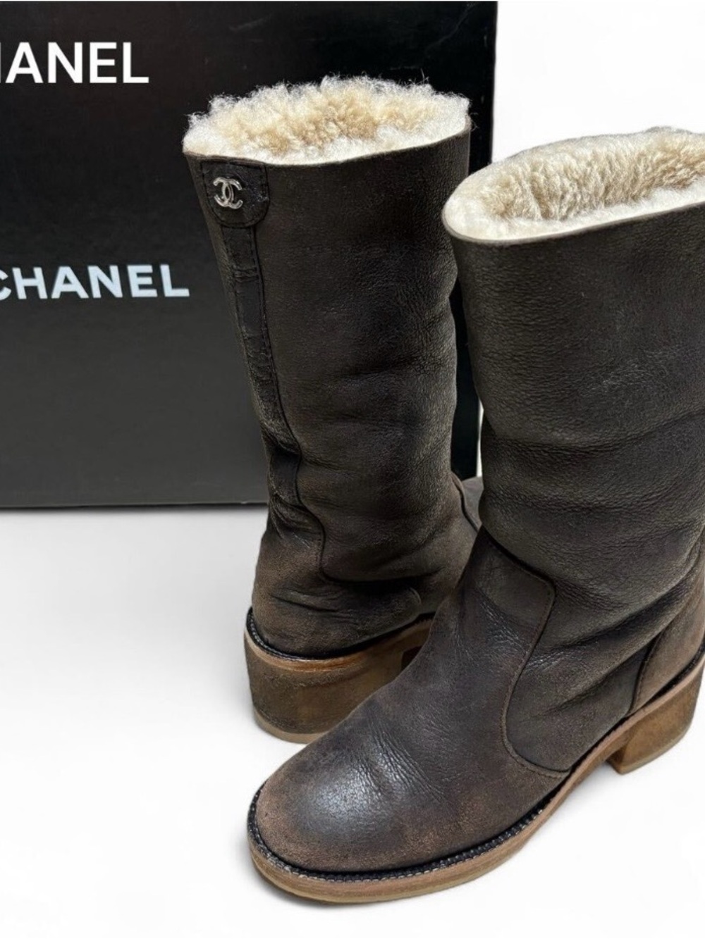 CHANEL Dark Brown Leather Shearling-Lined Boots